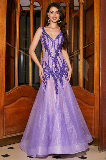 Stunning Mermaid V Neck Purple Sequins Long Prom Dress med åpen rygg